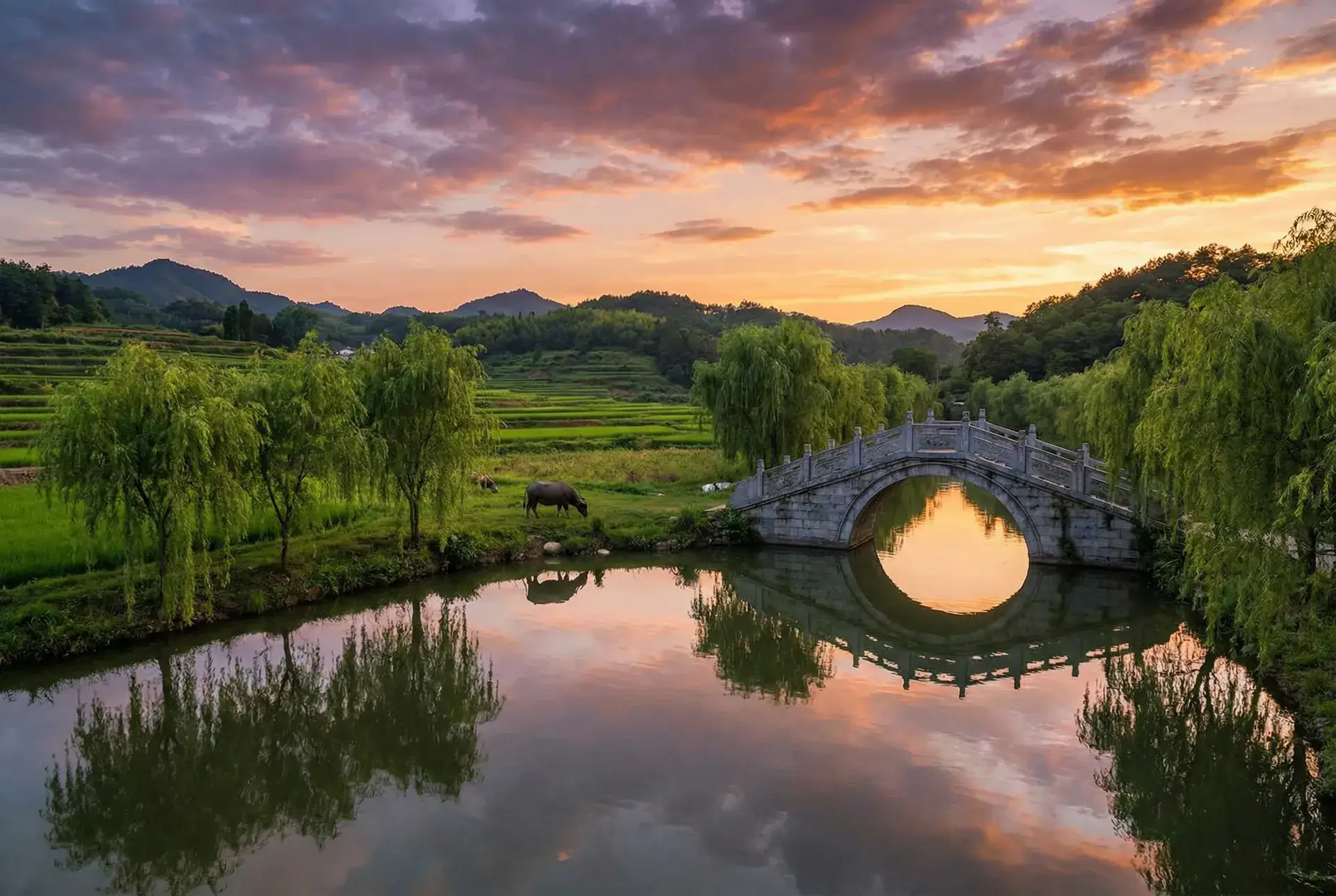 夕阳下的石拱桥与垂柳，水牛在河边吃草 - 坛蜜 种子 乡村美景